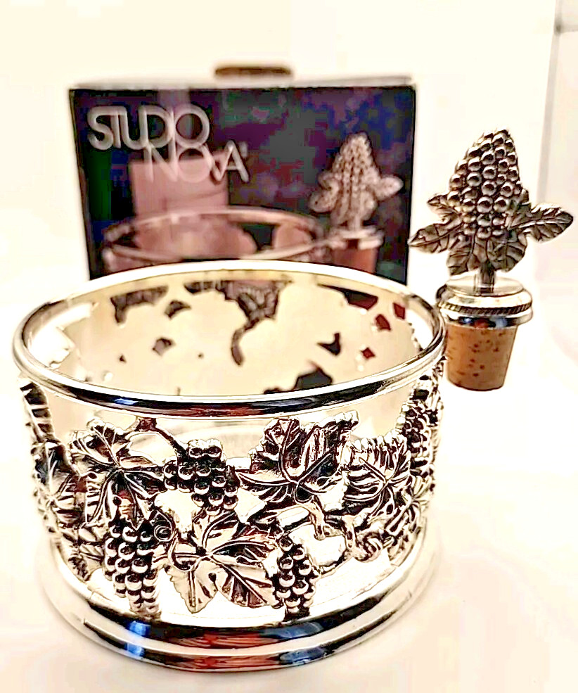 Silverplate Wine Bottle Caddy Holder Wine Set with Cork Grapes Vine Studio Nova