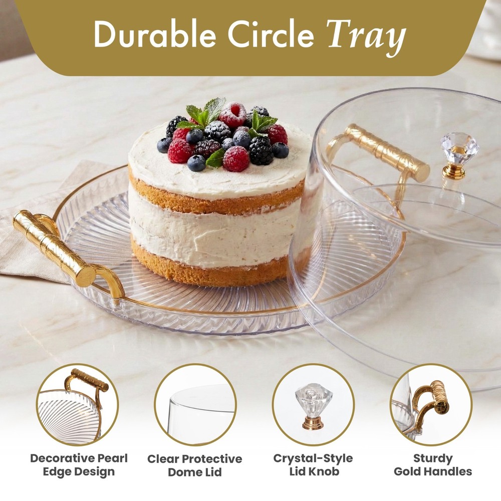 New Basicwise Plastic Cake Stand with Clear Flat-Top Cover and Gold Handles