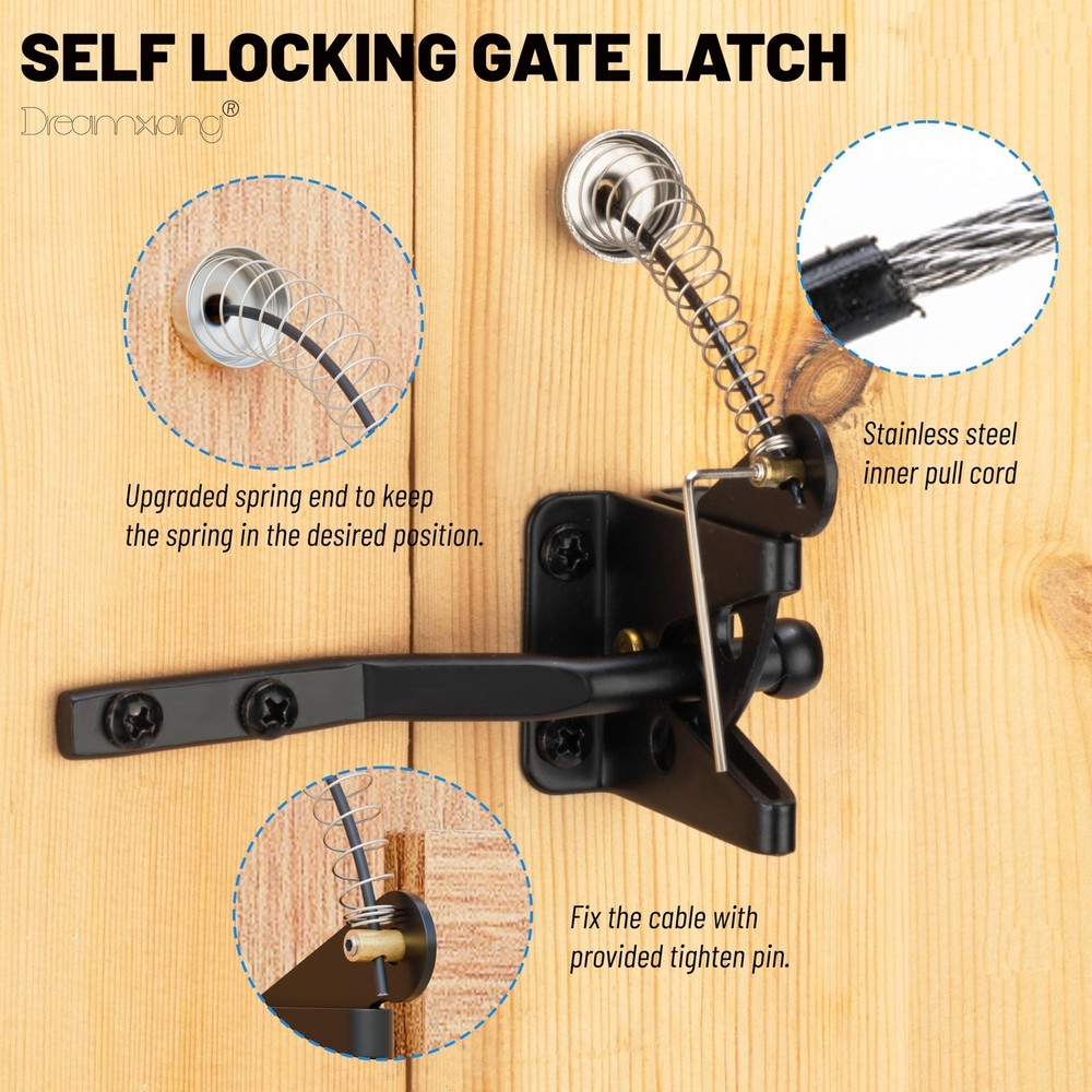 Self Locking Gate Latches with Spring Cable Pull, Post Mount Automatic Gravit...