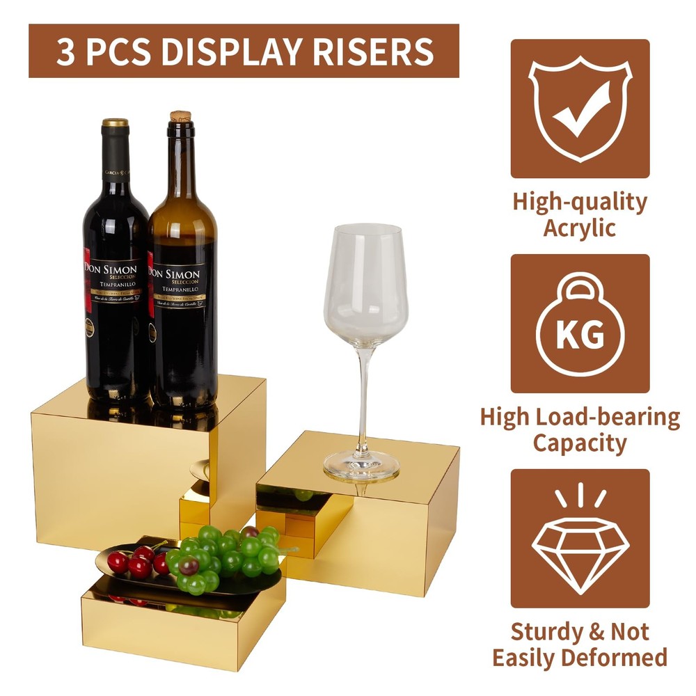 3 Pcs Gold Acrylic Risers Display Stands, Mirrored Nesting Cube Boxes Pedesta...
