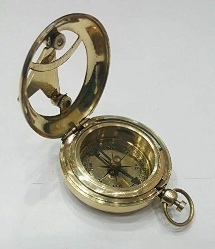 Solid Brass Camping Hiking Pocket Compass Push Button Pocket Sundial
