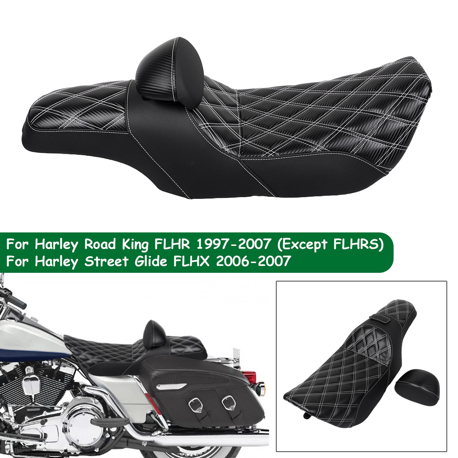 White Diamond Driver Passenger 2-Up Seat w/ Backrest For Harley Road King 97-07
