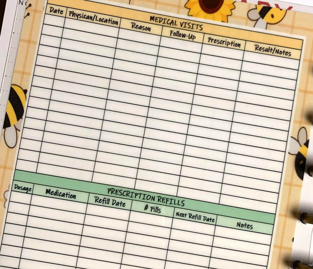 Medical History Tracker Two Sided Dashboard Insert for use with Happy Planner