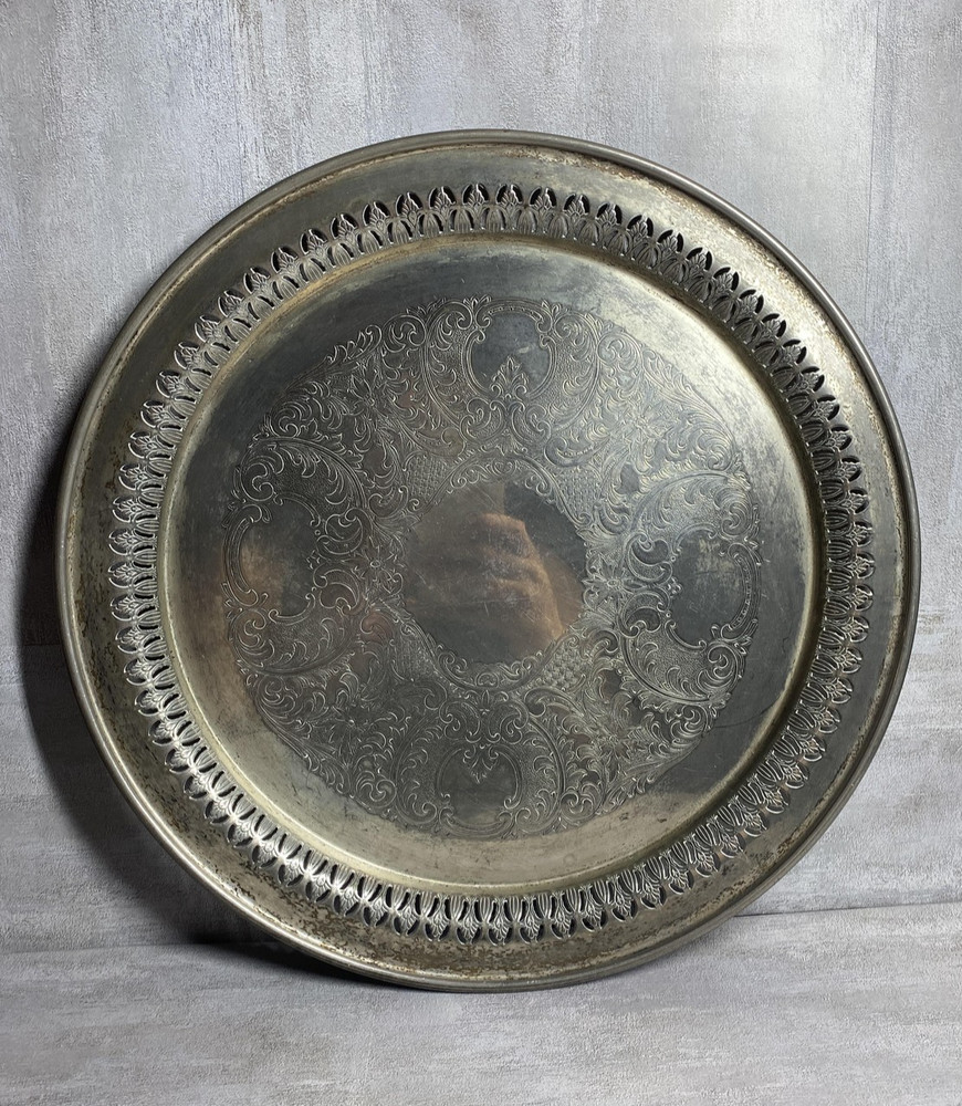 International Silver Company Silver Plated Ornate Etched Serving Tray 14.25 Inch