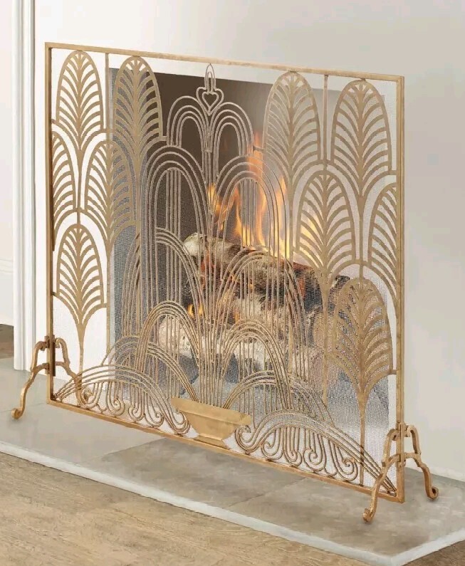 Art Deco Design Gold Iron Single Fireplace Screen