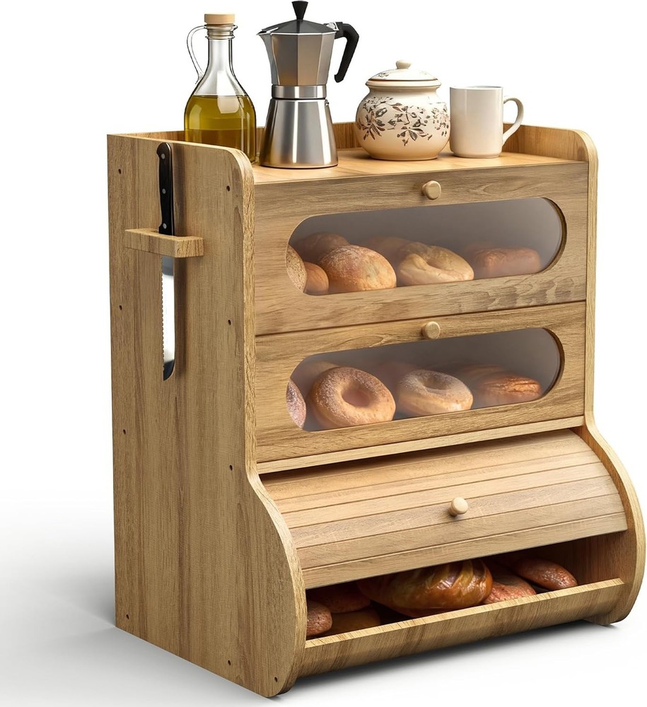 Bread Box for Kitchen Countertop, 3 Tier Large Capacity Breadbox, with Window, C