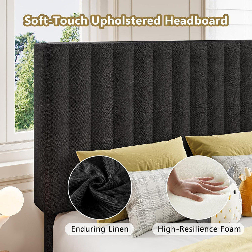 Twin Size Bed Frame, Upholstered Platform Bed with Vertical Linen Headboard, Wid