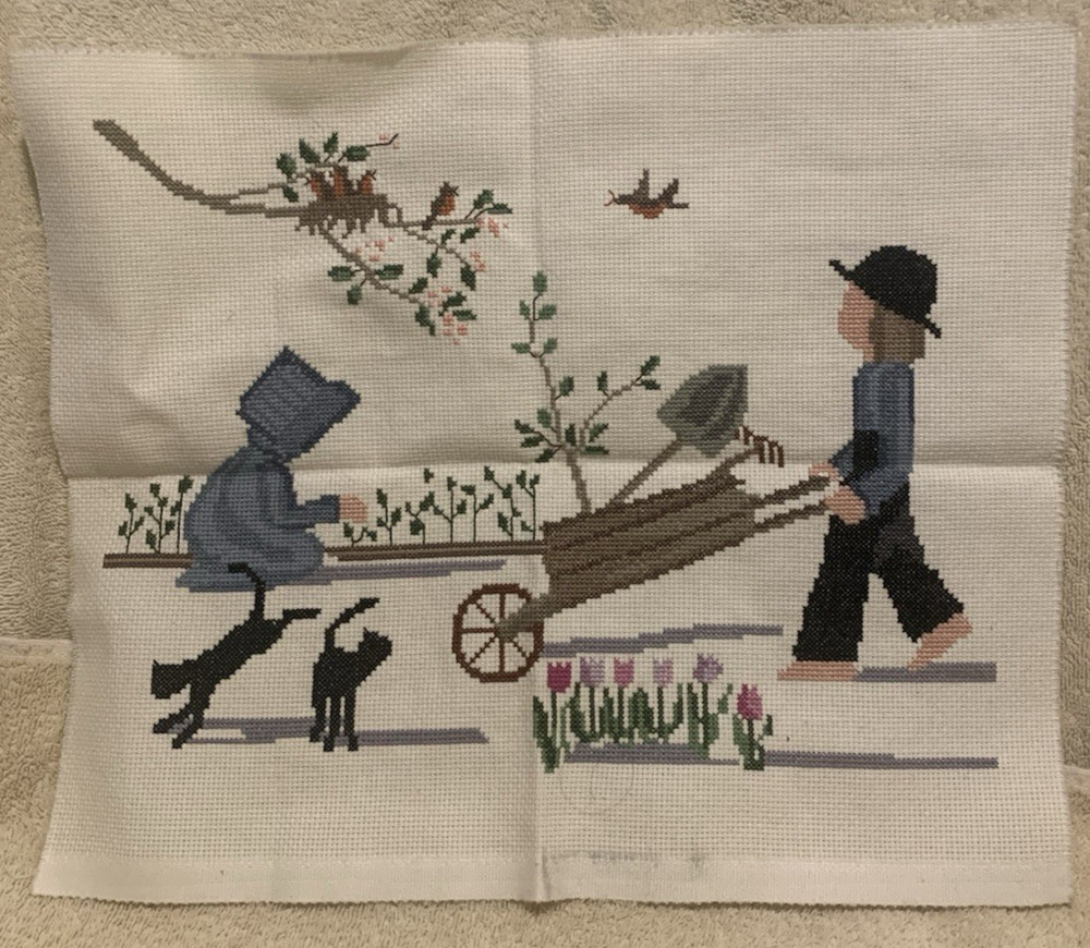 Complete Diane Graebner SPRING PLANTING Amish Cross Stitch Panel 14x12 - EUC