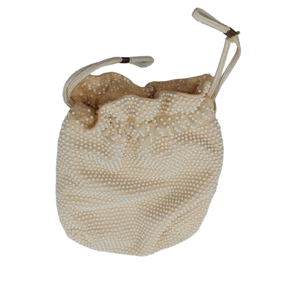 Beaded Purse With Pull String Closure Cream Colored Reversible