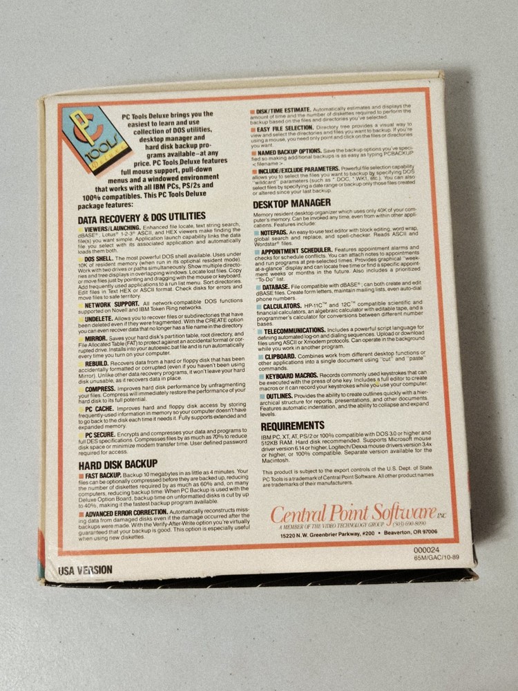 1989 Central Point PC Tools Deluxe Version 5.5 dBase, 123 Viewers, w/5¼" & 3½"