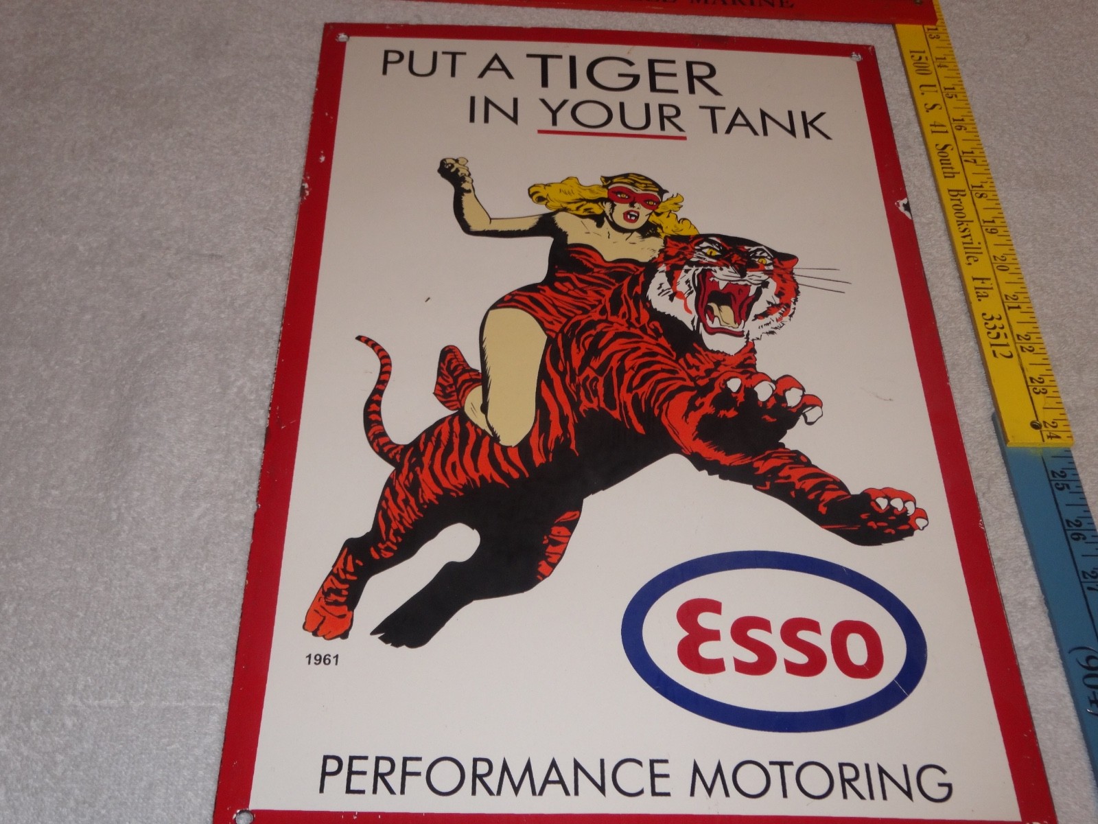 VINTAGE 1961 "ESSO CAT WOMAN RIDING TIGER" 18" PORCELAIN METAL GASOLINE OIL SIGN