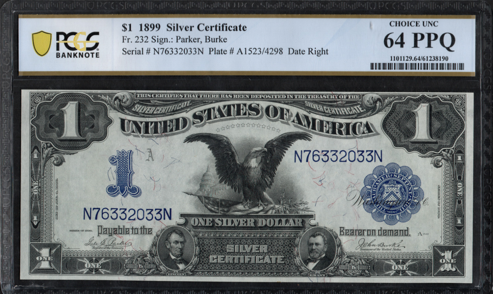 PCGS 64 PPQ! SERIES 1899 FR.232 $1 "BLACK EAGLE" SILVER CERTIFICATE