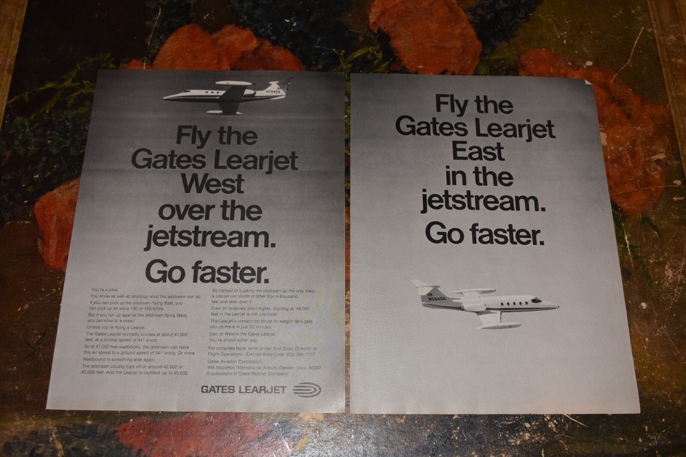 Vintage 1968 Gates Learjet Double-page Print ad.