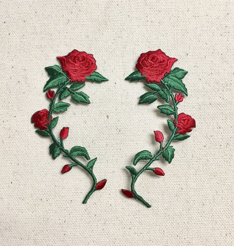 (Set 2) 3.5 inch - Red Rose Stem Flowers Iron on Embroidered Patch