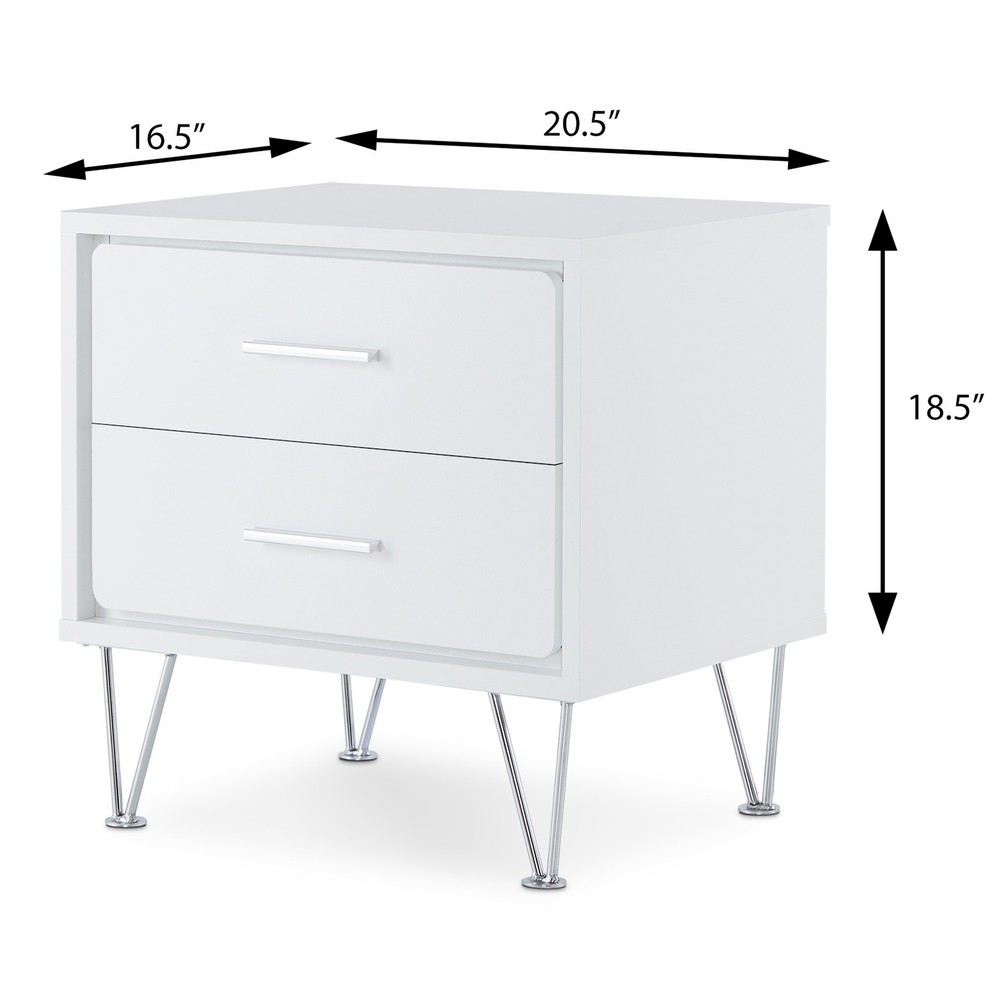 The modern white two-drawer table emphasizes medium-density fiberboard