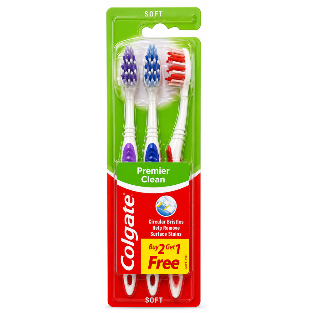 Colgate Premier Clean Soft Toothbrush Manual Brush Value Pack 3 Count Each