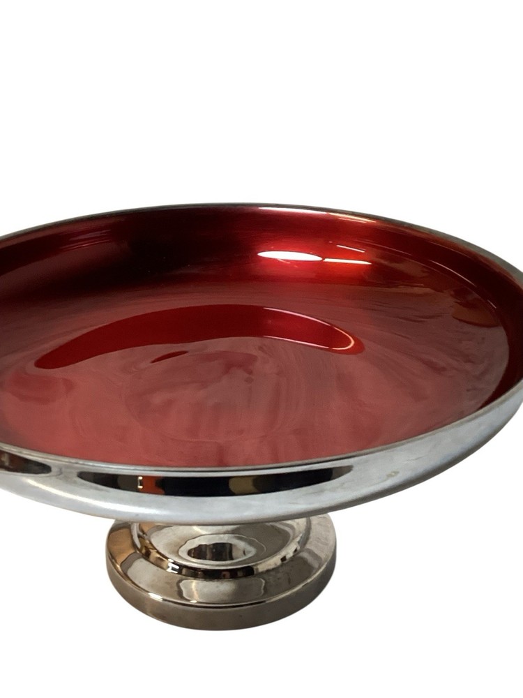 VTG Oneida Silversmith Cherry Ruby Red Enamel Pedestal Serving Bowl 1960s 9”