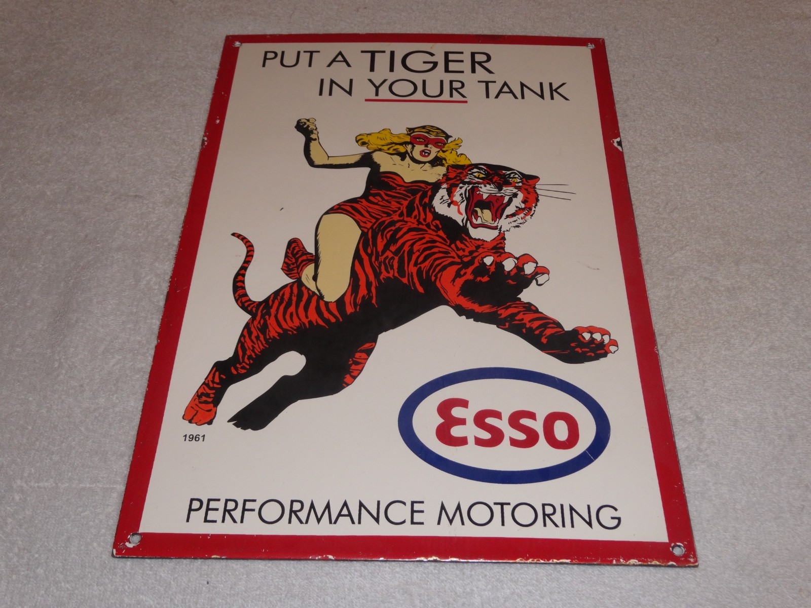 VINTAGE 1961 "ESSO CAT WOMAN RIDING TIGER" 18" PORCELAIN METAL GASOLINE OIL SIGN