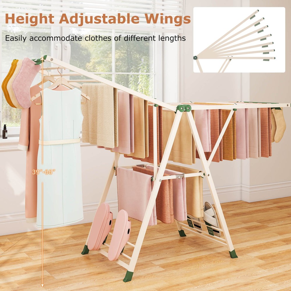 Foldable Metal Laundry Drying Rack w/Height Adjustable Wings, 20 Drying Rails