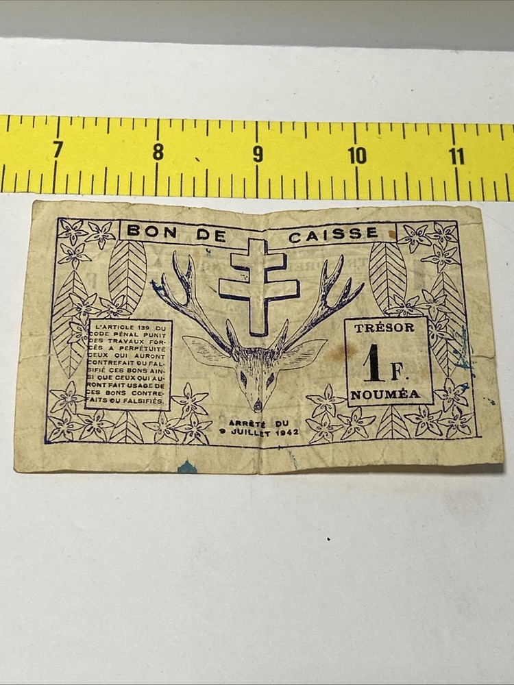 1942 New Caledonia 1 Franc Note XF #054961