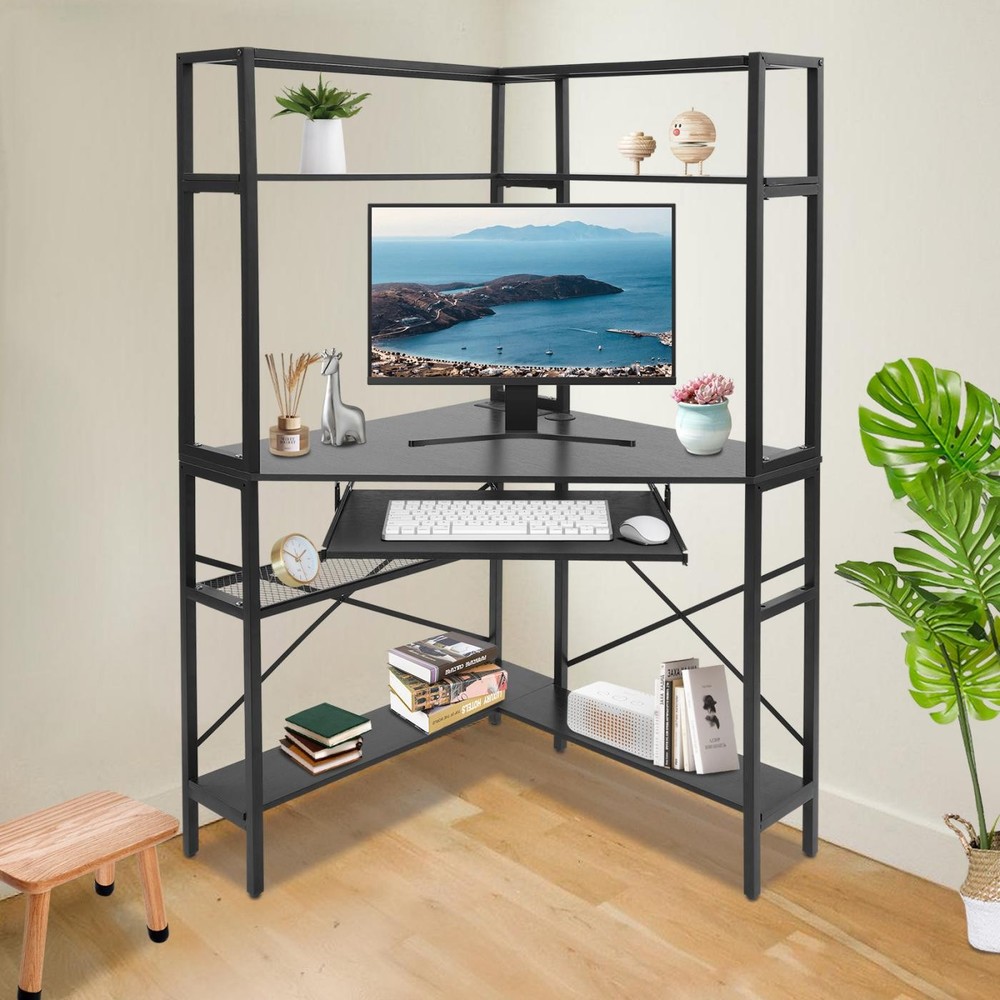 Black Corner Desk, Corner Computer Desk with Power Outlets, Home Computer Desk