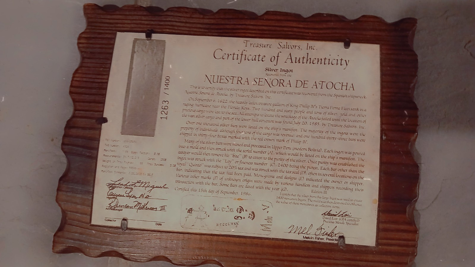 Nuestra Senora De Atocha Treasure Chest with Silver Ingot