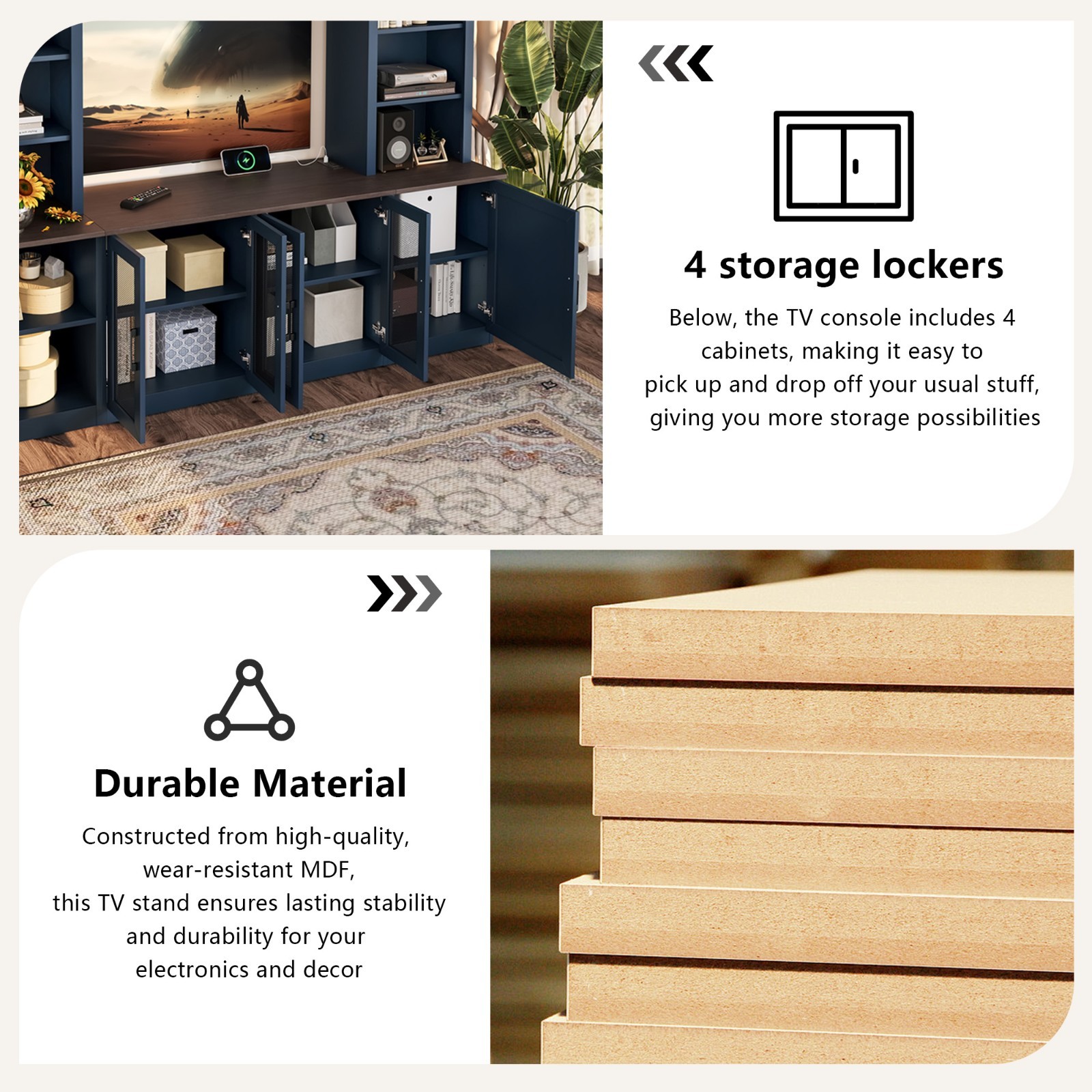 Blue Wall Unit Entertainment Center with Charging Station USB Storage TV Stand