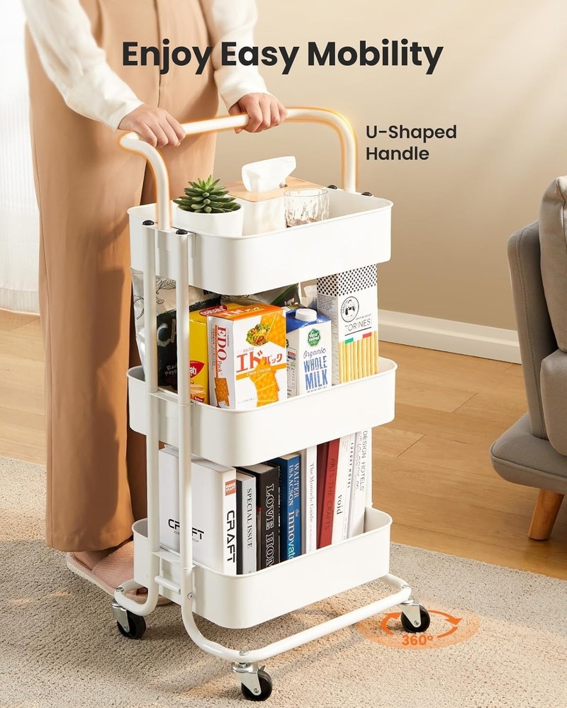 3 Tier Rolling Utility Cart with Lockable Wheels - Metal Organization Solution
