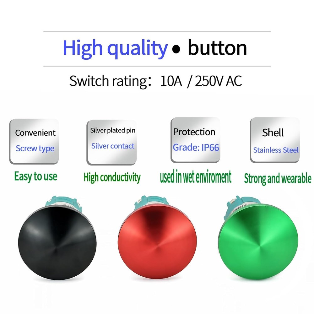 10 Amp Push Button Switch Red 22mm 7/8'' Momentary, DPST 2NO,