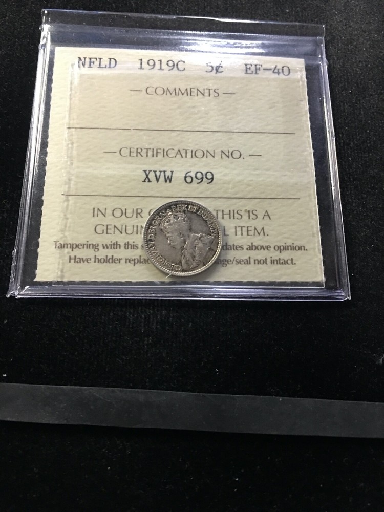 1919c  ICCS Graded Newfoundland Five ¢5 Cent, **EF-40**