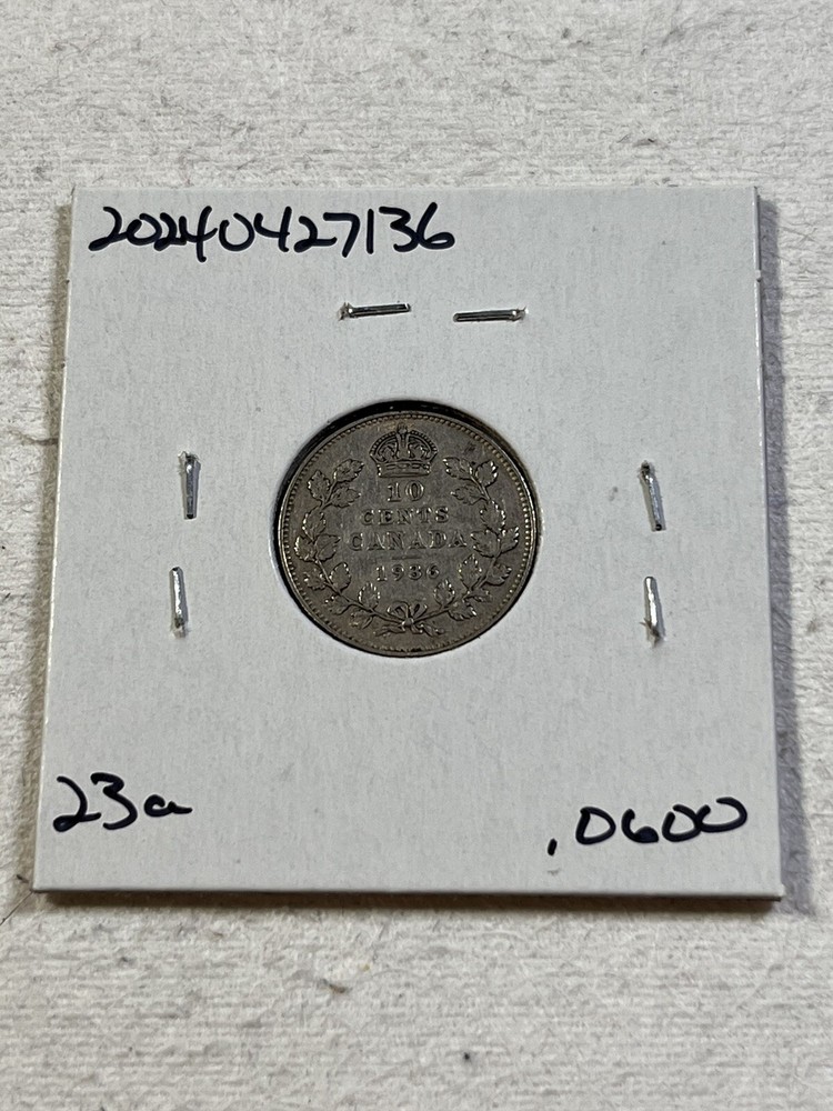 1936 Canada 10 Cents Silver Coin Cleaned