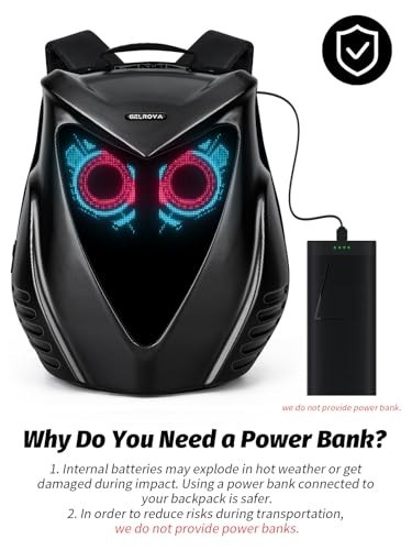 Expandable 22L LED Motorcycle Backpack with Hardshell, APP-Controlled Owl Eyes,