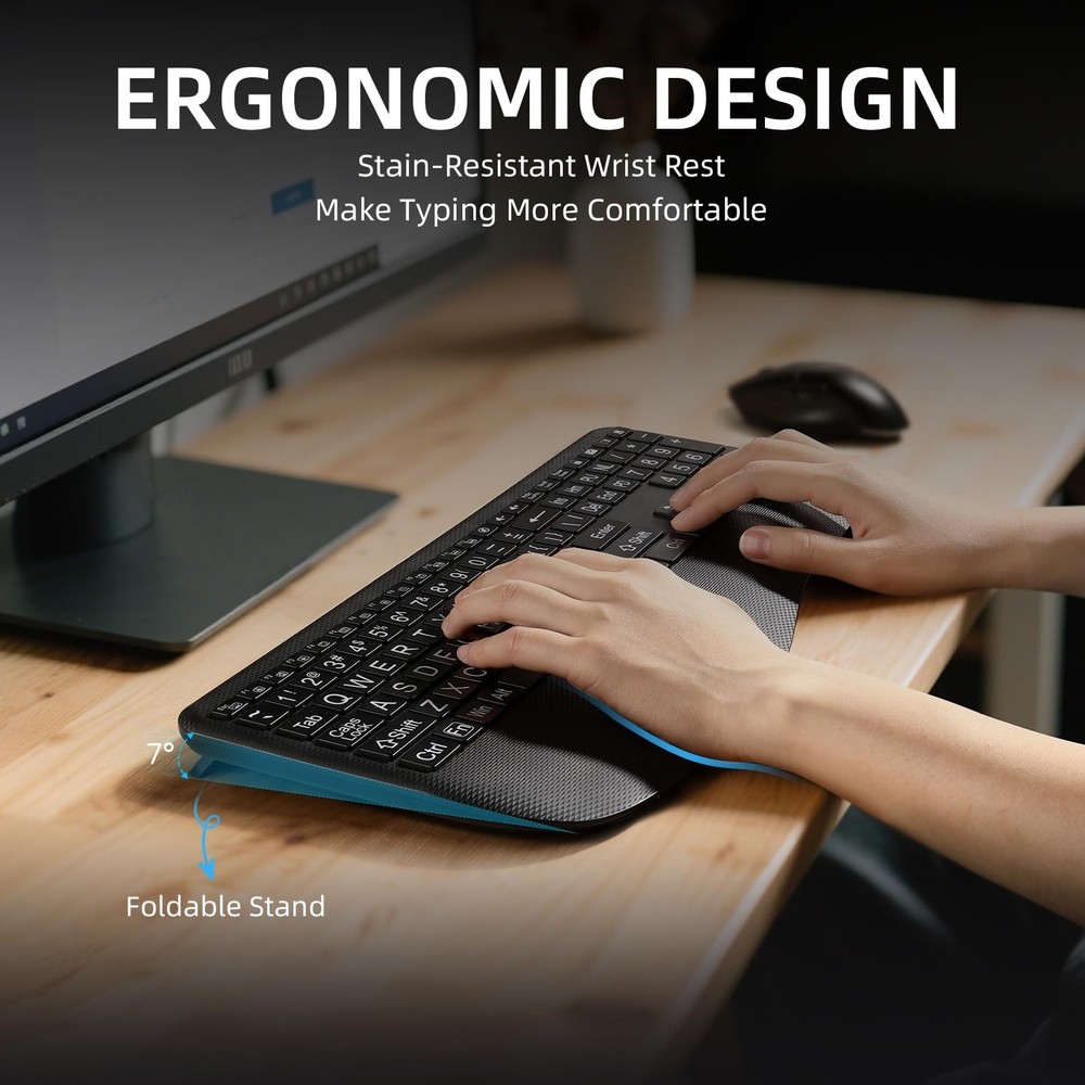 Large Print Backlit Wireless Keyboard – Ergonomic Keyboards with Wrist Res