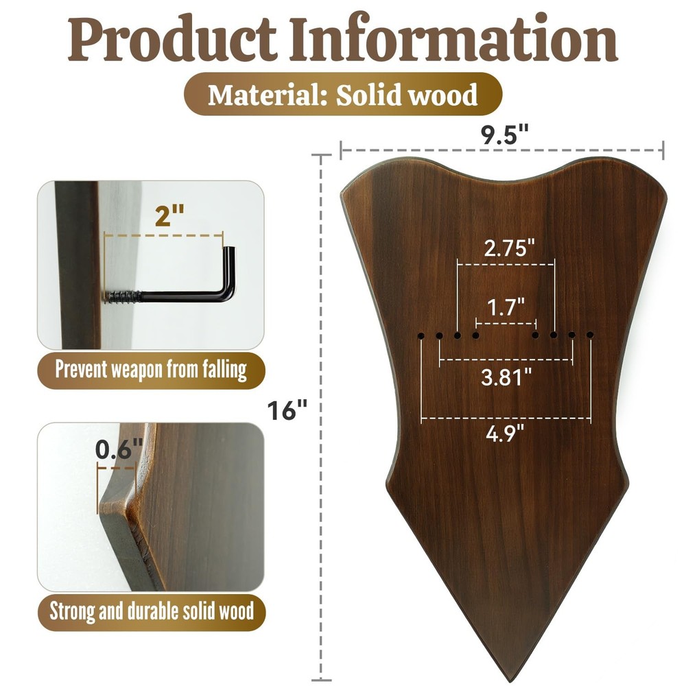 Sword Wall Mount Adjustable Solid Wood Plaque Vertical Display Hanger Rack Ho...