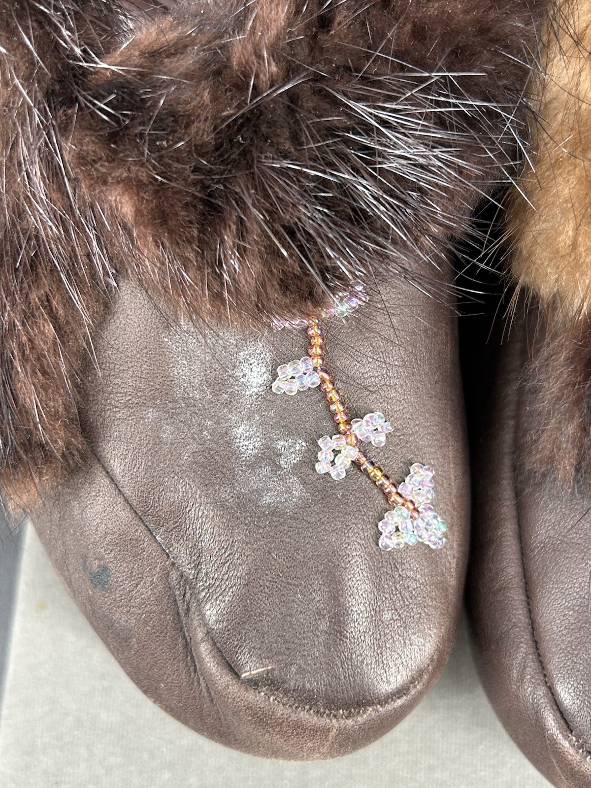 Chinook Leather Beaded Moccasins Vintage Beaded Design with Fur Accents