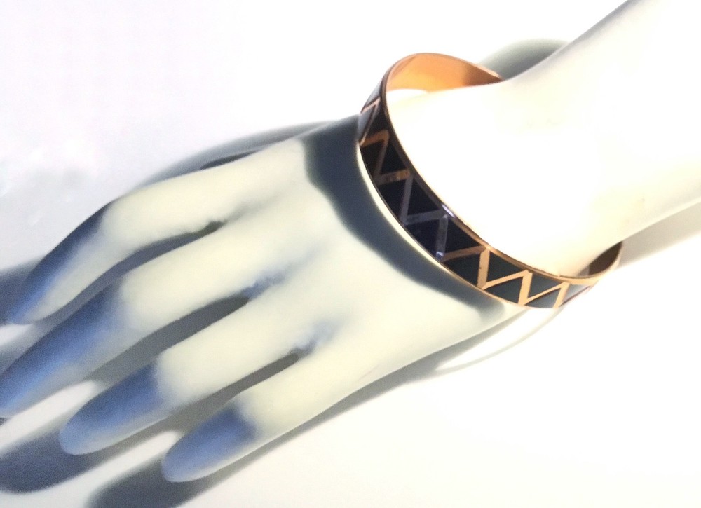 Modernist c1960 Copper Bangle Bracelet, Black Enamel Triangles