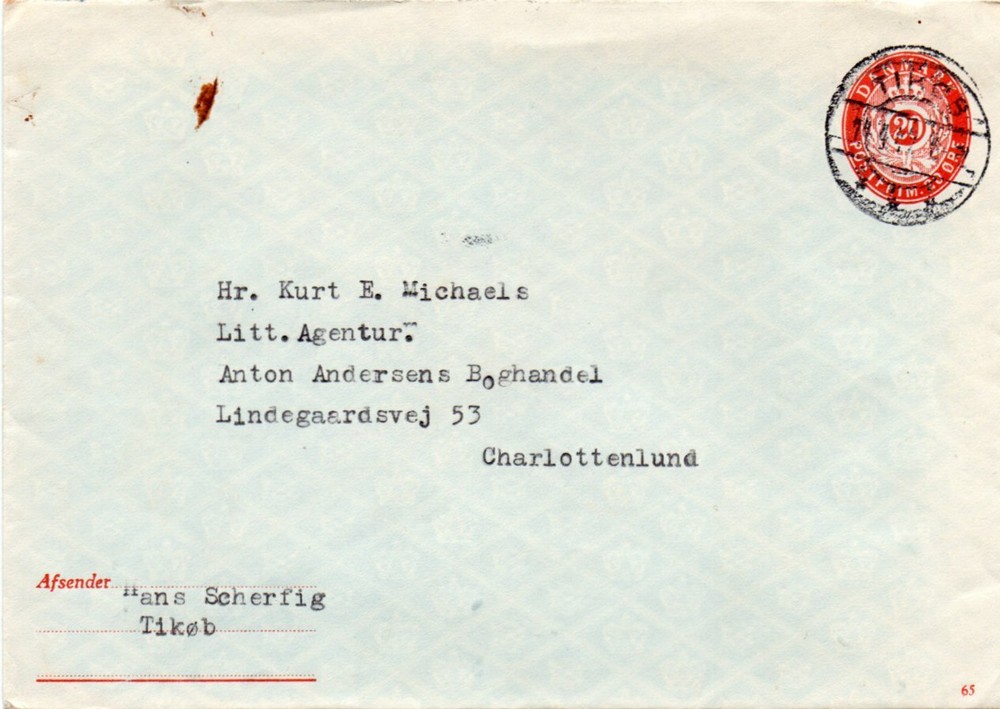 DENMARK: Postal stationery envelope  20Ö Tiköb 1947.