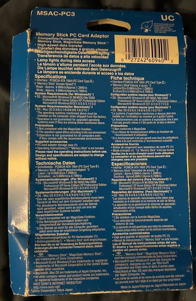 Sony MSAC-PC3 PC card Adapter new memory stick