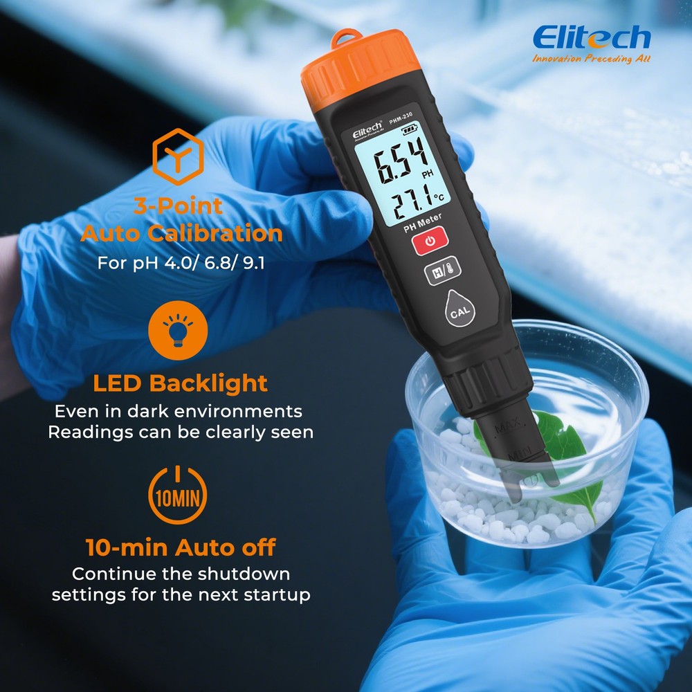 Elitech Smart pH Meter with ATC 3-Point Calibration for Lab Aquarium Hydroponics