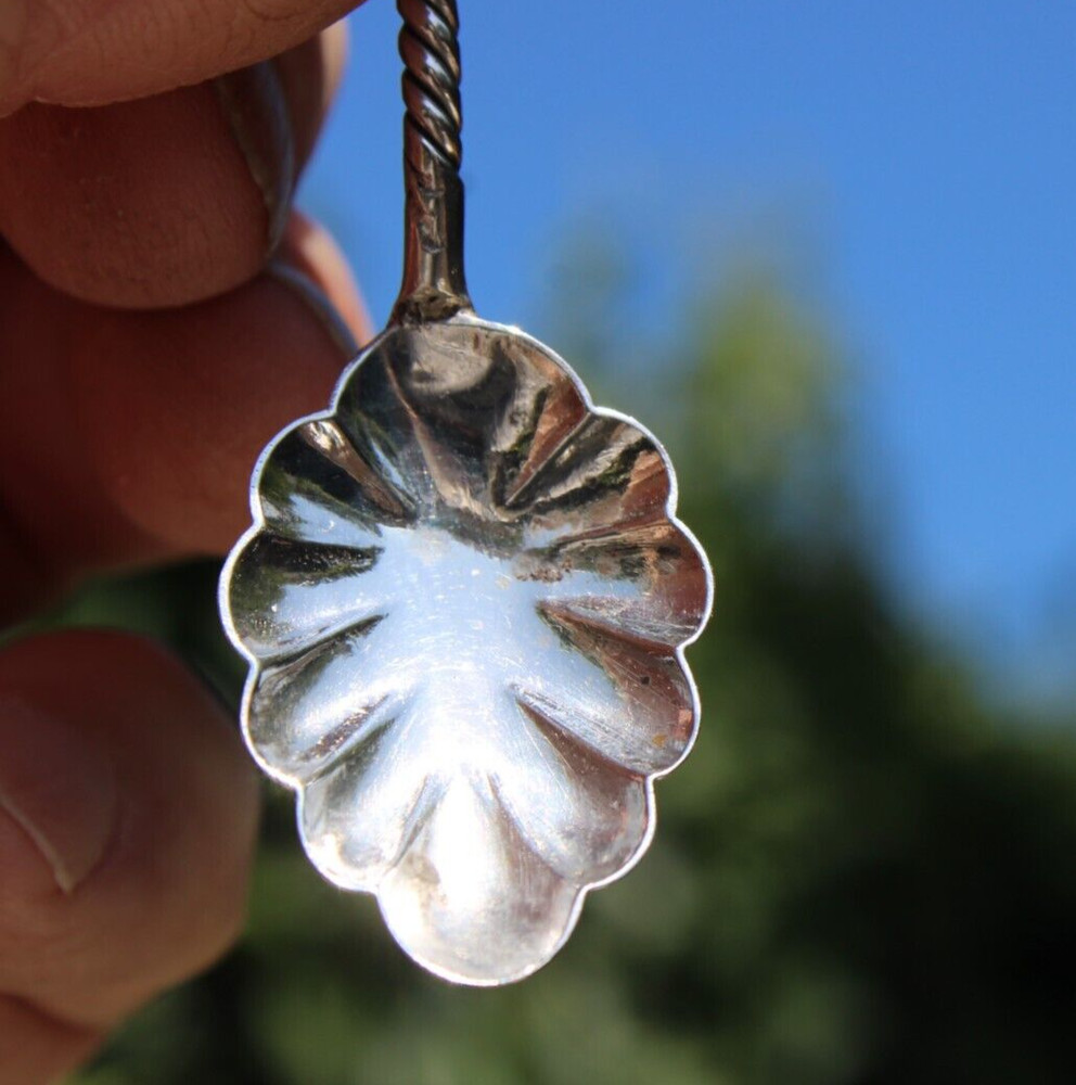 Antique Silver Berry Spoon w/Twisted Handle Shell Shape-#B1