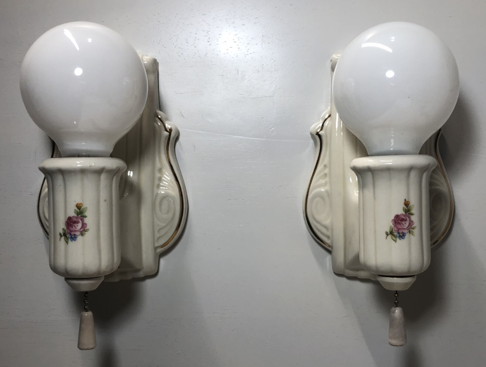 Porcelain Wall Sconce Pair Vtg Ceramic Light Fixture Flower Gold Art USA #i29