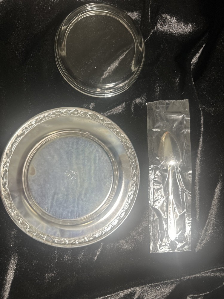 Vintage Carlton Oneida Condiment Set 3 Pc Silver Plate Tray Spoon Glass Dish New