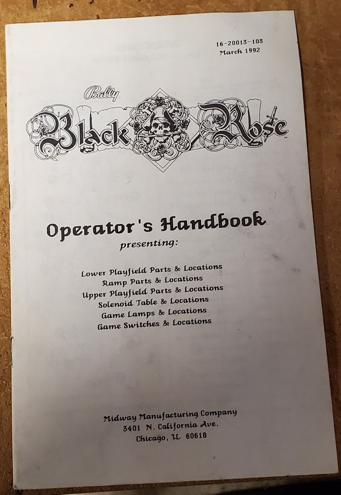 Bally BLACK ROSE Pinball Machine Settings Booklet ..original