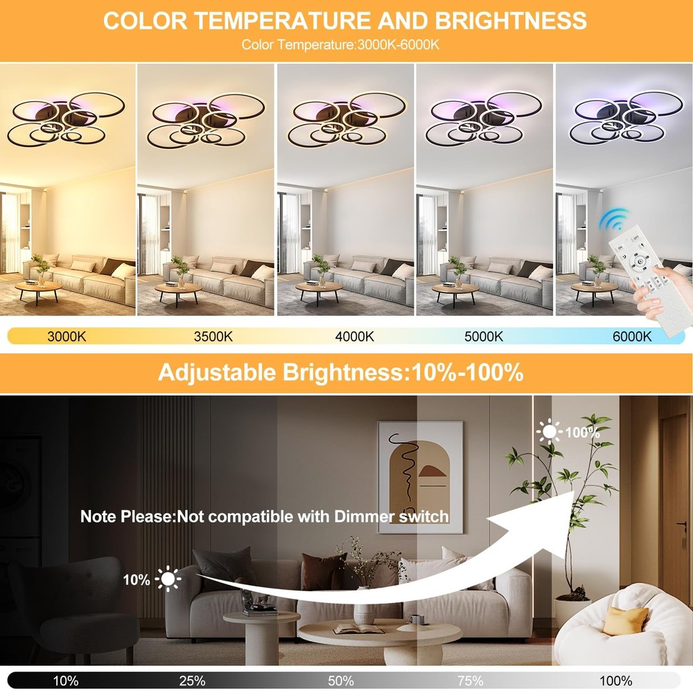 Modern LED Ceiling Light,41.3'' Dimmable Flush Mount Ceiling Lights with Remo...