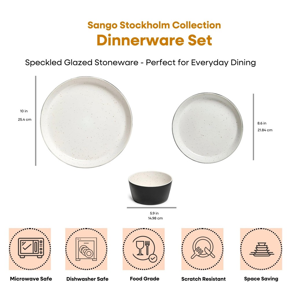 Sango 12-Piece Stoneware Dinnerware Set for 4, Modern 12-Piece, Black/White