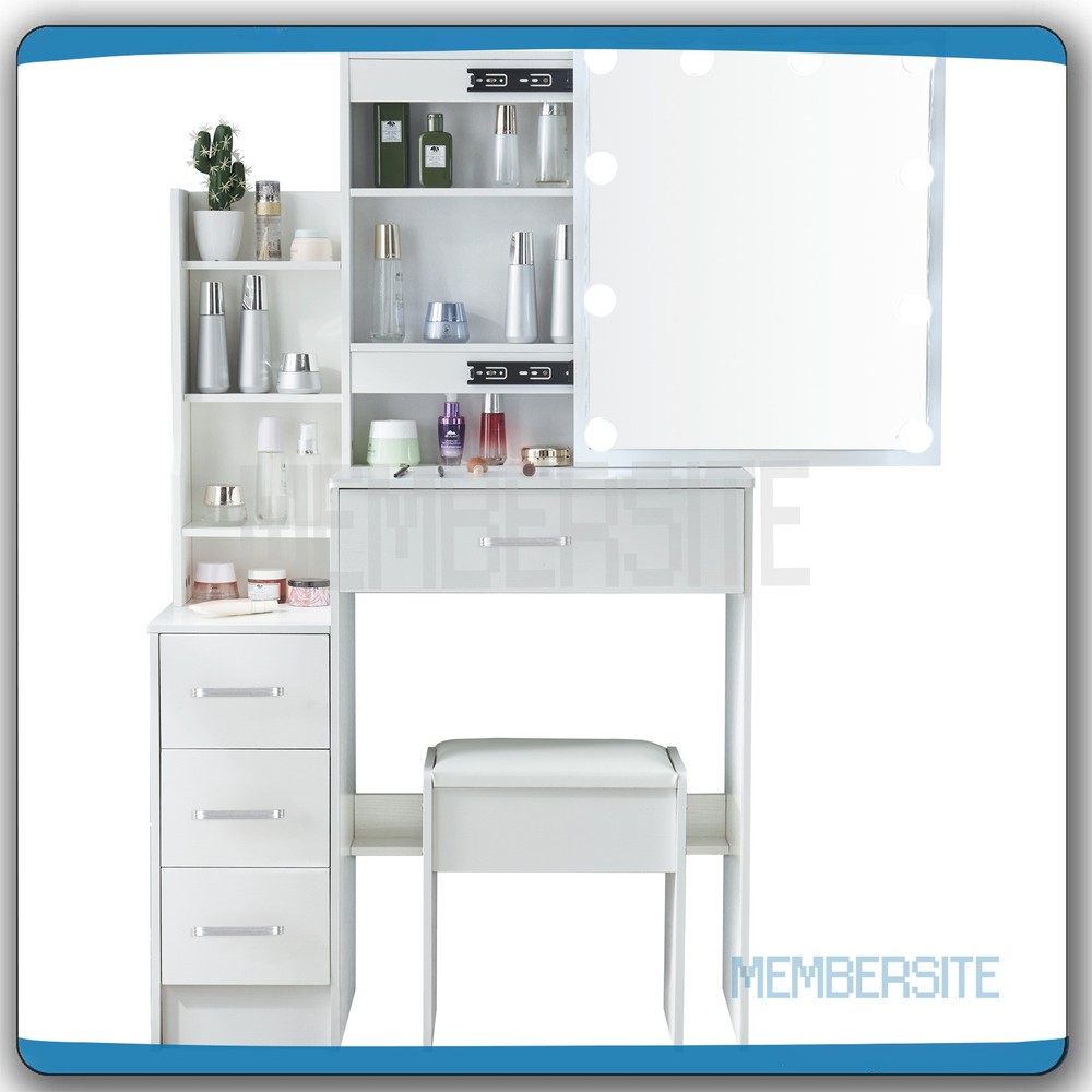 Dressing Table With Sliding Mirror 7 Shelves And Stool Vanity Table Makeup Desk