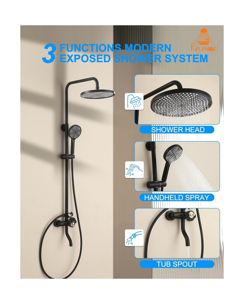 Thermostatic Shower System Matte Black, 3 Functions Handle Tub Rainfall Showe...