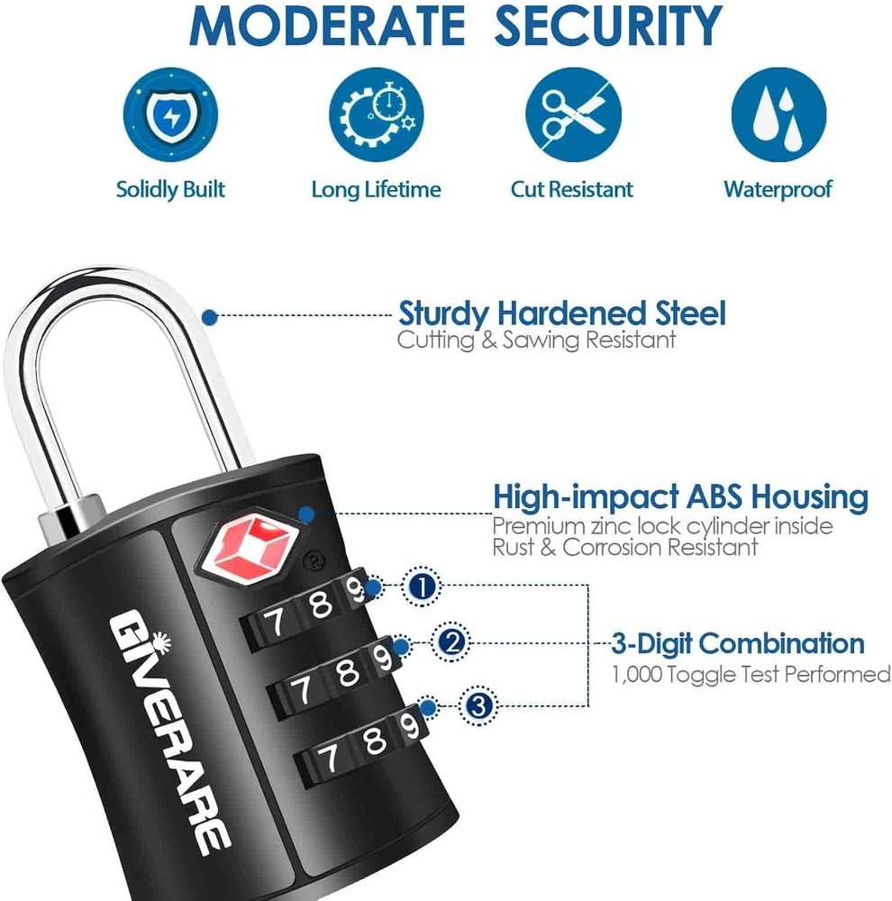 4 Pack TSA Approved Luggage Locks 3 Digit Combination Padlocks Black
