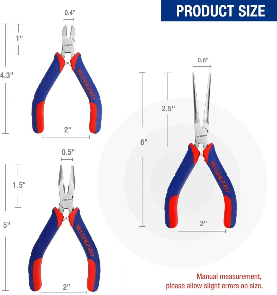 WORKPRO Mini Pliers Set, 3-Piece Small Pliers Tool Kit Includes 4” Diagonal Pl