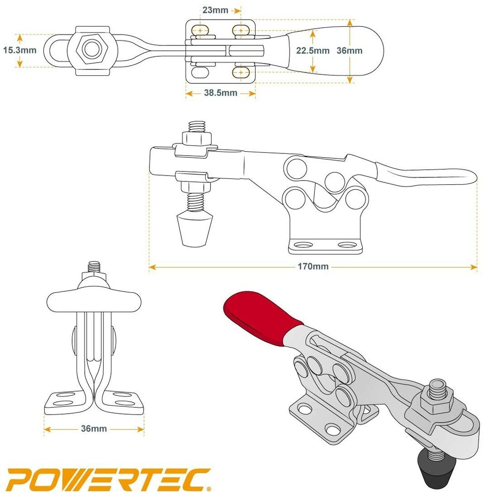 POWERTEC 4pcs Horizontal Quick-Release Toggle Clamp Capacity 300 lbs (20327)